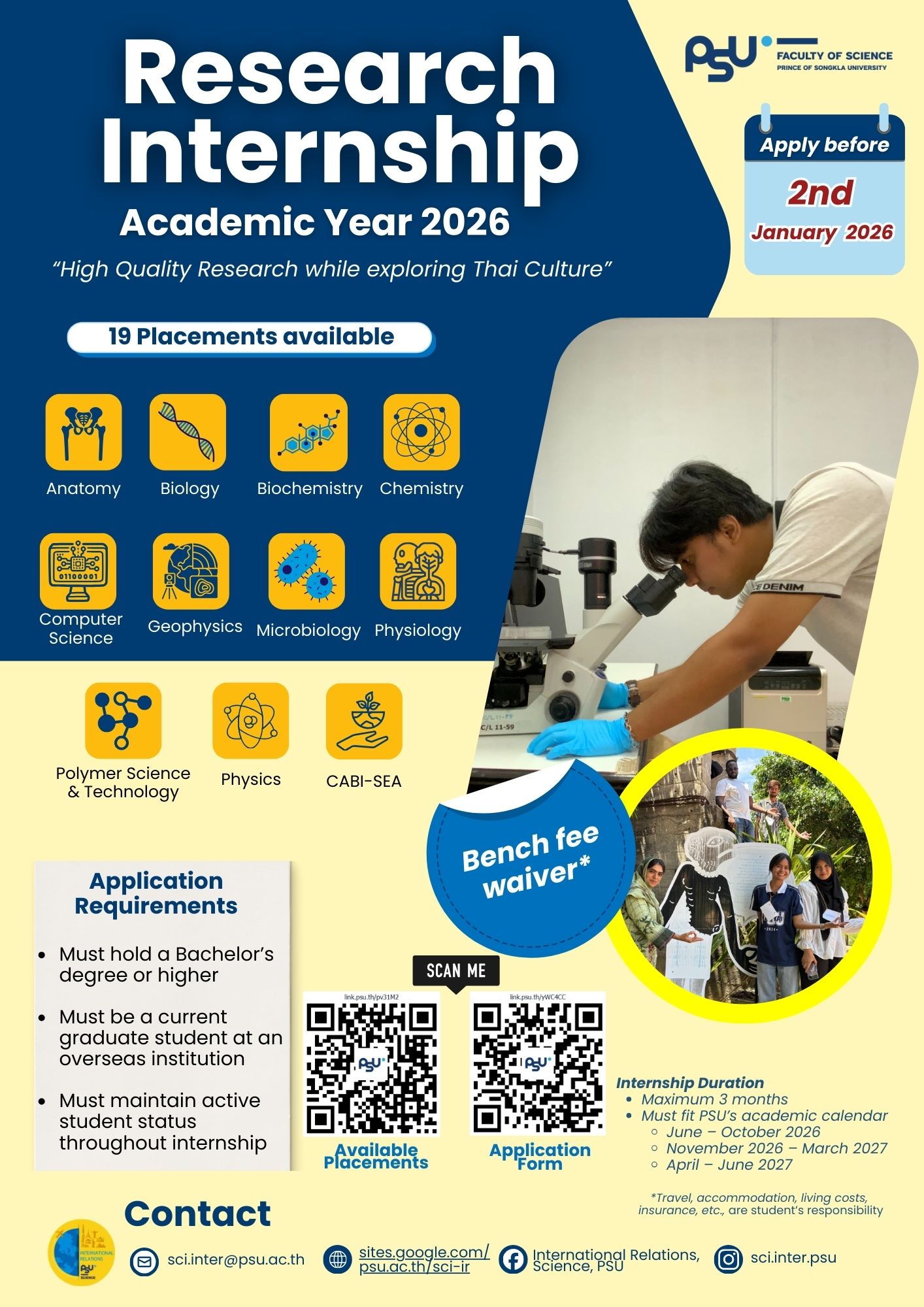 FW【Call for Applications】Student Exchange Program –Faculty of Science, Prince of Songkla University